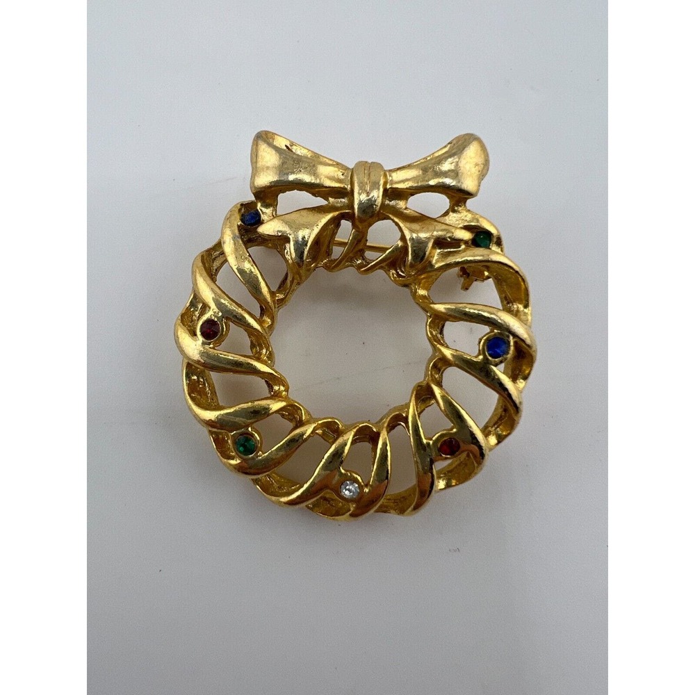 Vintage Christmas Wreath Gold‎ Tone Brooch Pin